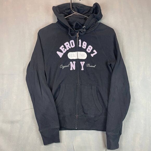 Aeropostale Zip Hoodie Women Small Black NY Logo Casual Warm Sweatshirt Y2K - Picture 1 of 8